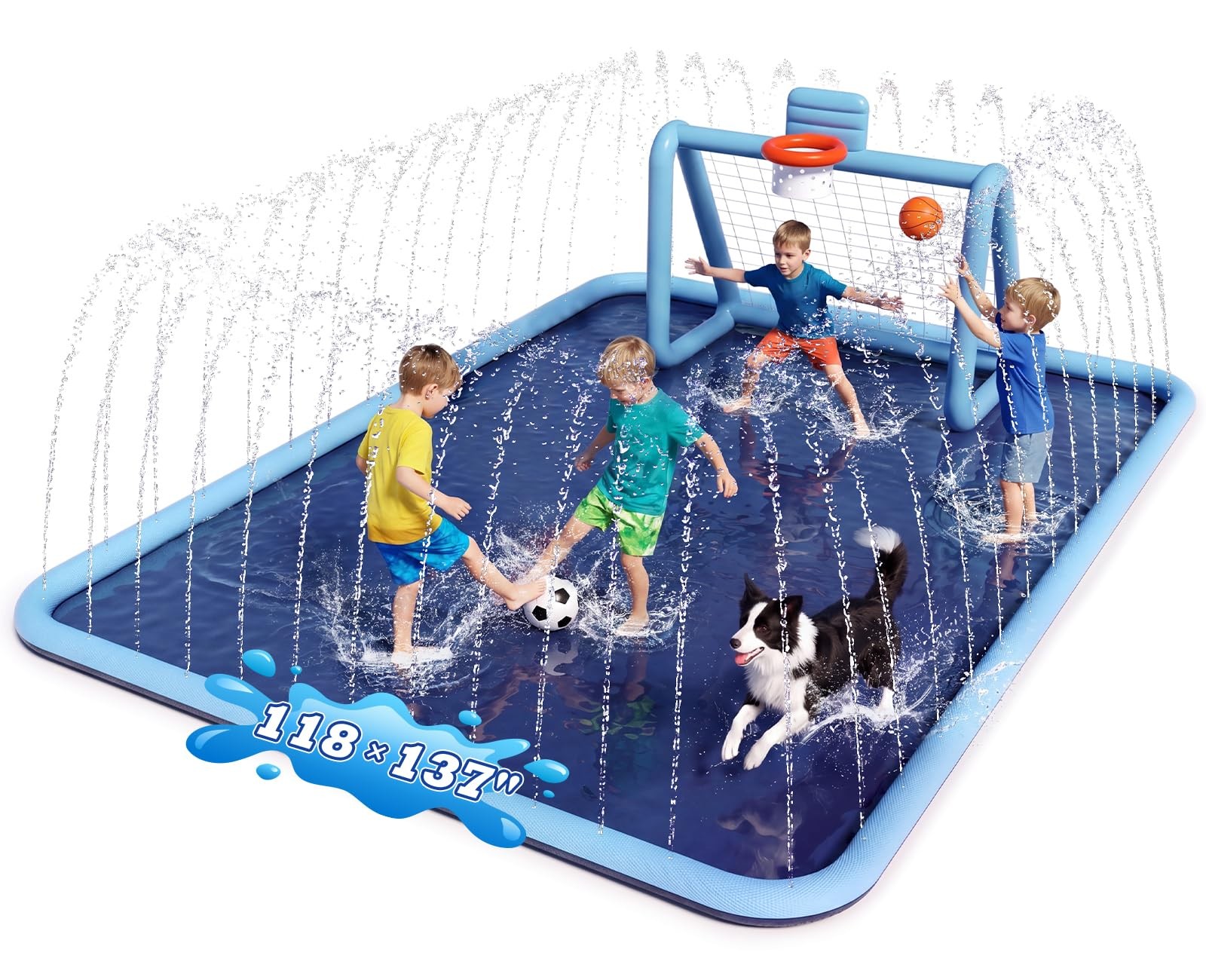 Best Splash Pad for Kids, 3-in-1 Sprinkler with Soccer Goal & Basketball Hoop