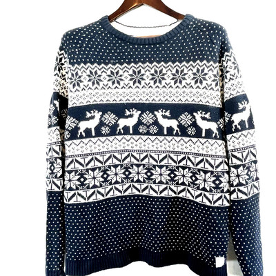 Angelo Litrico Mens Sweater Reindeer Fair Isle Knit XL Navy White Nordic C&A