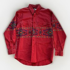 Vtg Wrangler Brushpopper Aztec Button Up Western Rodeo Shirt Red 17-35 USA Made