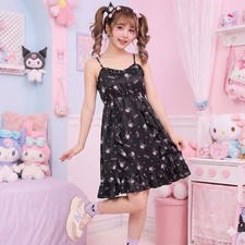 Kuromi Nightgown Womens S Black All Over Print Ruffle Flowy Lounge Chemise Dress