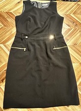 Calvin Klein Black Sheath Dress Womens Sleeveless Gold Zip Pockets Career Work