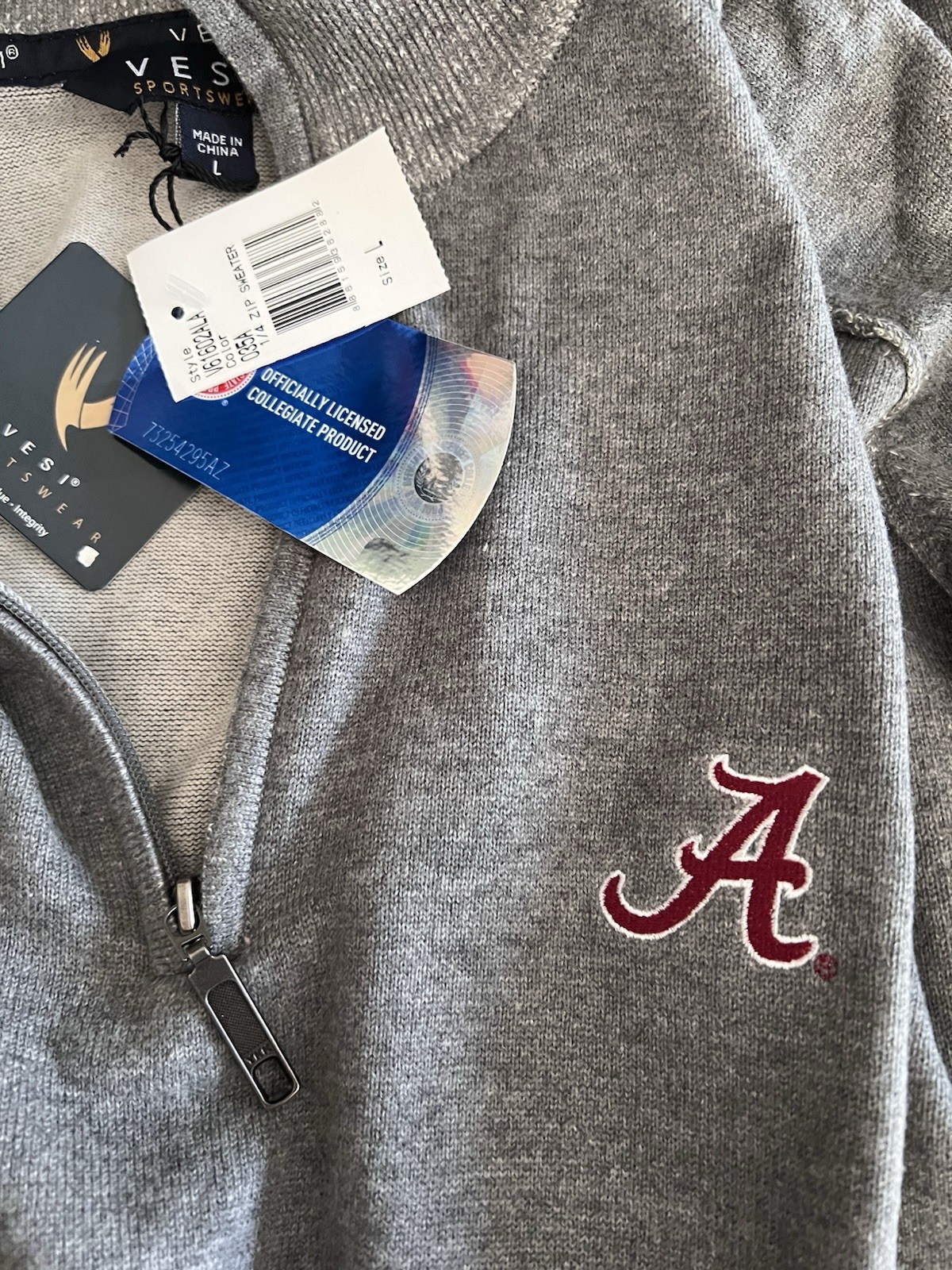 Alabama Crimson Tide Men’s Large Gray 1/4 Zip Pullover Sweater NWT