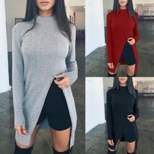 Womens Ladies Winter Casual Long Sleeve Split Jumper Pullover Sweater Tops