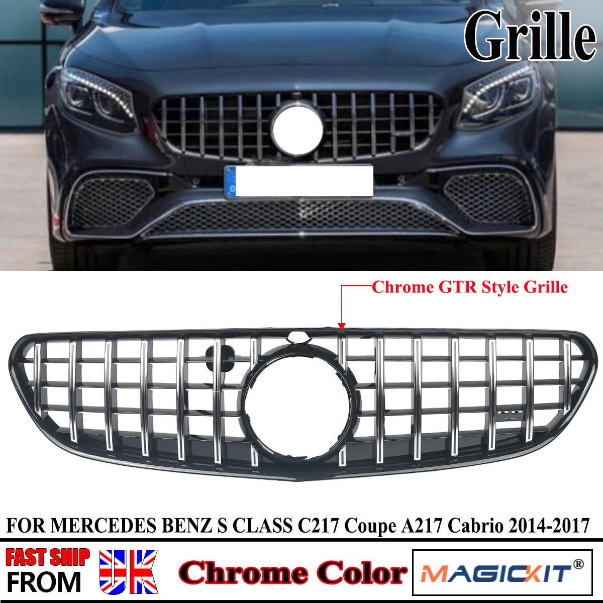 FOR MERCEDES S CLASS COUPE C217 PANAMERICANA GT FRONT GRILLE BLACK+CHROME 14-17