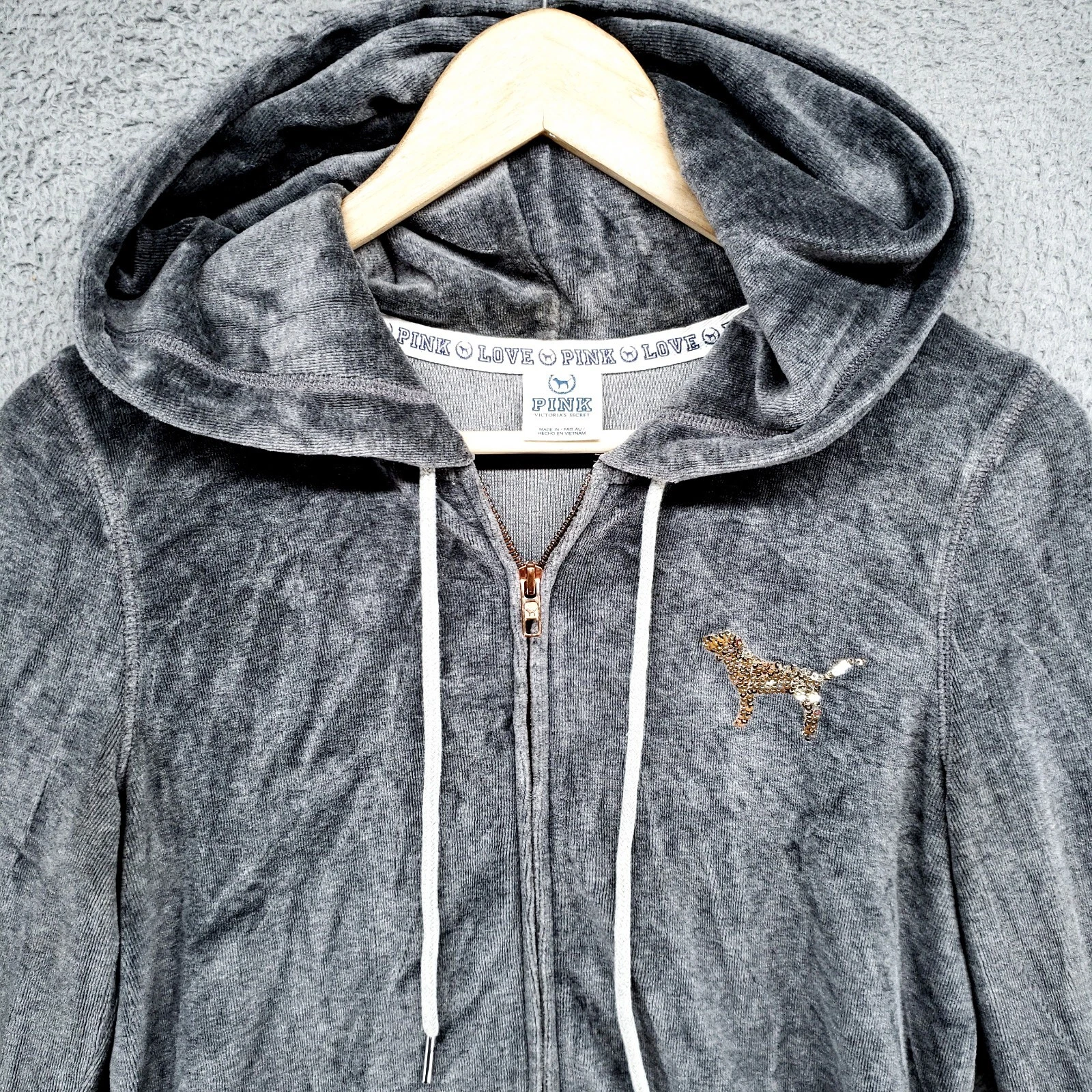 UNDERCOVER Felpa con cappuccio Victoria Secret vintage Love rosa paillettes con cane donna XS grigia morbida