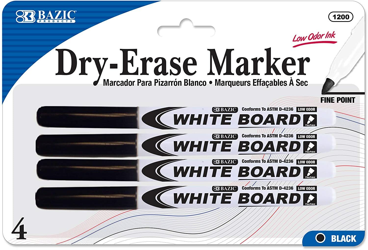 BAZIC Dry Erase Marker Black Fine Tip, Whiteboard Pen Marcador, Low Odor Markers
