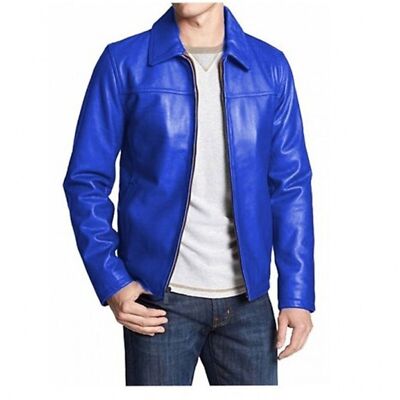 New Men's Genuine Lambskin Leather Jacket Blue Cafe Racer Motorcycle Jacket
