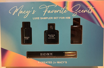 4 pc Mini Luxe MACY'S MEN'S Fragrance Sampler Set YSL, ARMANI CODE, BAD BOY +