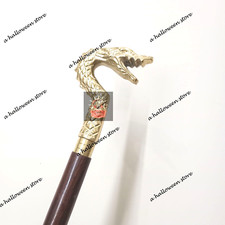 Vintage Designer Golden Snake Dragon Head Handle Wooden Walking Stick Cane Gift