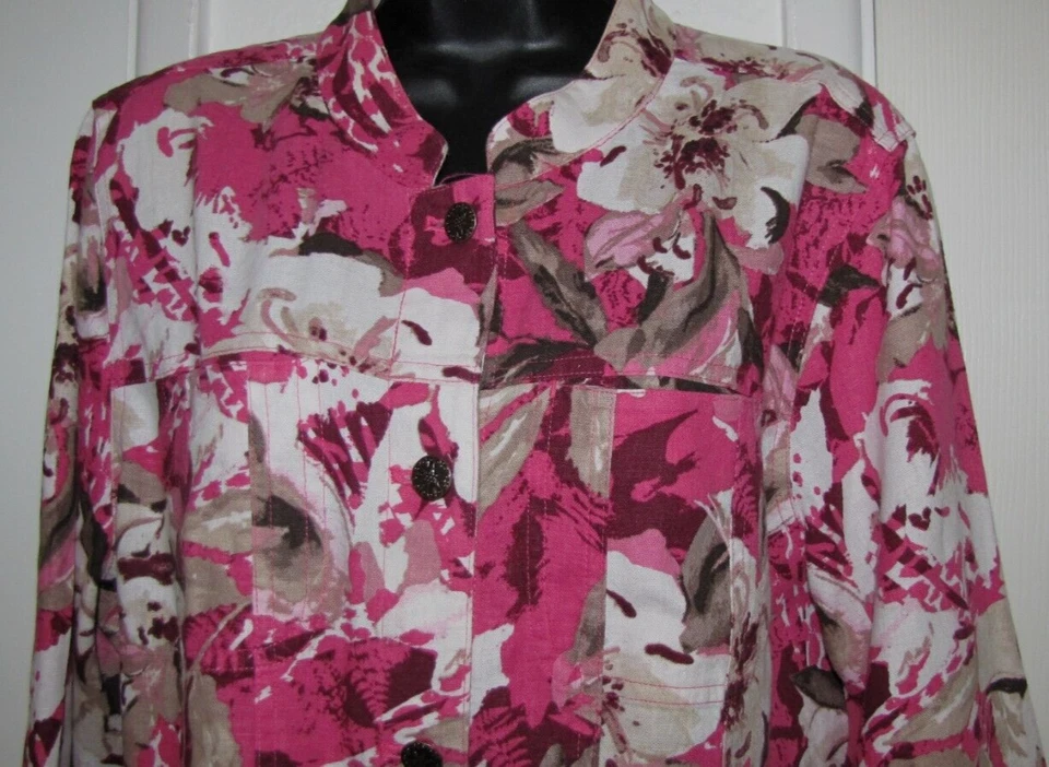 Chaqueta Mujer Mezcla Lino Botón Sin Forro Rosa/Blanco Floral Manga 3/4 Mujer L/XL Foto 3 de 4