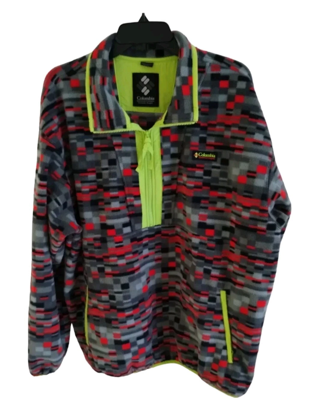 Columbia Fleece Quarter Zip Pull Over Jacket Mens Neon Trim Square Block Size XL