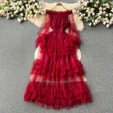 Lady Solid Mesh Off-shoulder Ruffled Sheer Tutu Wedding Party Sexy Dress Chic