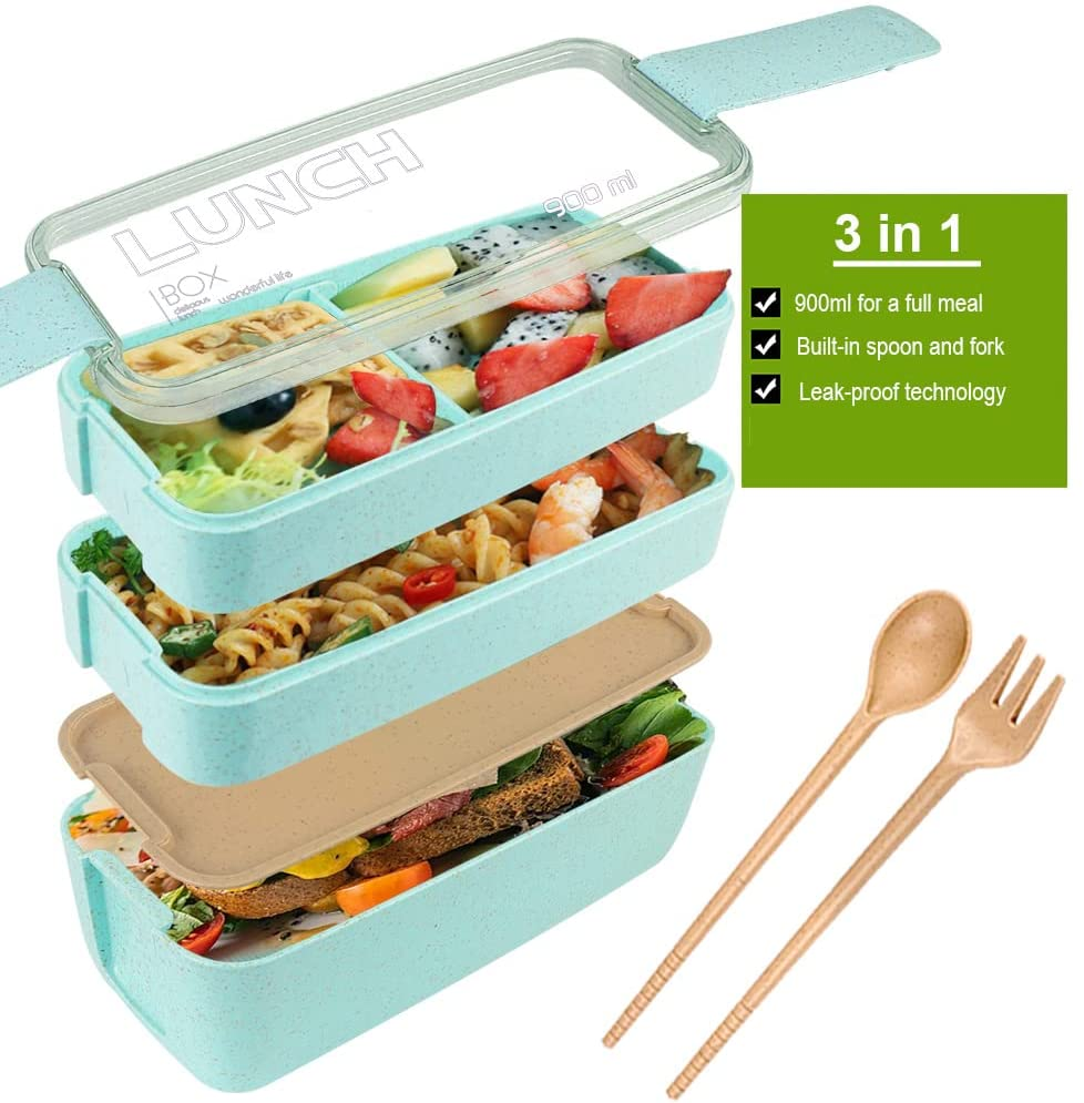 Iteryn 3-Compartment Wheat Straw Bento Lunch Box with Lid