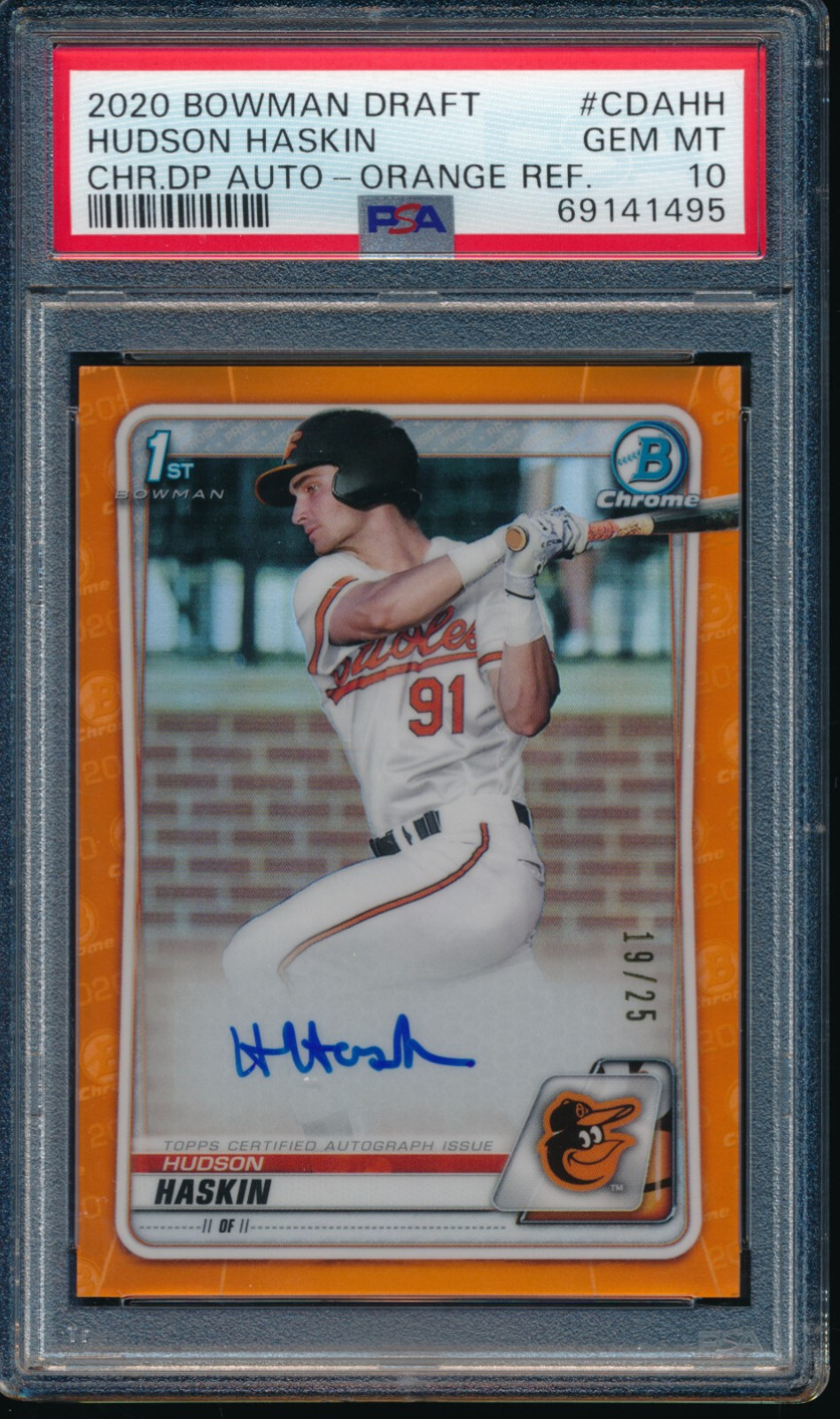 PSA 10 HUDSON HASKIN AUTO 2020 Bowman Chrome ORANGE REFRACTOR #/25 RC GEM MINT
