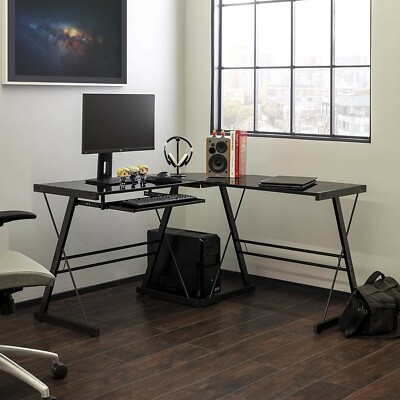 Brand New Walker Edison Ellis Modern Glass Top L Shaped Corner Desk OS102