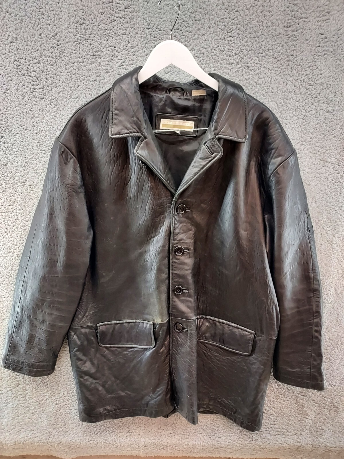 PERRY ELLIS Men's Size XL Black Lambskin Button Up Jacket Distressed