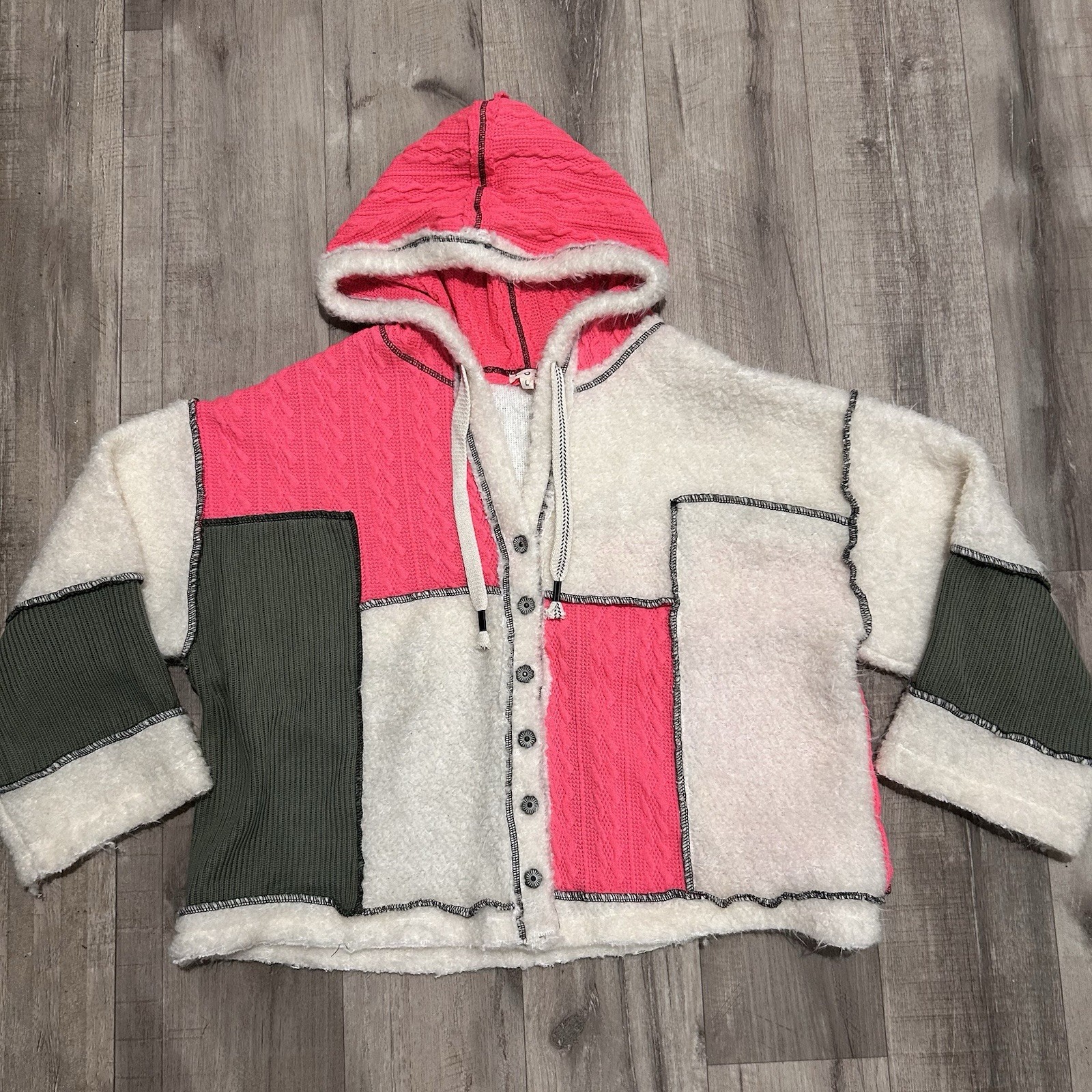 POL Wool Blend Patchwork Hooded Jacket Button Fro… - image 2