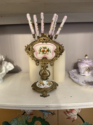 Antique Uchatius Bronce  Pink Peach German Porcelain Fruit Knife Stand *AS IS*
