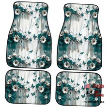 Car Floor Mats Set of 4, Teal White Daisy Butterfly Automotive Foot Flowers