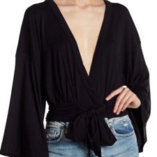 Free People Black Cotton Deep V-Neck Balloon Sleeve Tie Front Wrap Top OB1213365