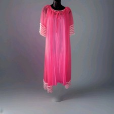 vintage 1960s sheer neon pink nylon chiffon peignoir robe with ecru lace trim