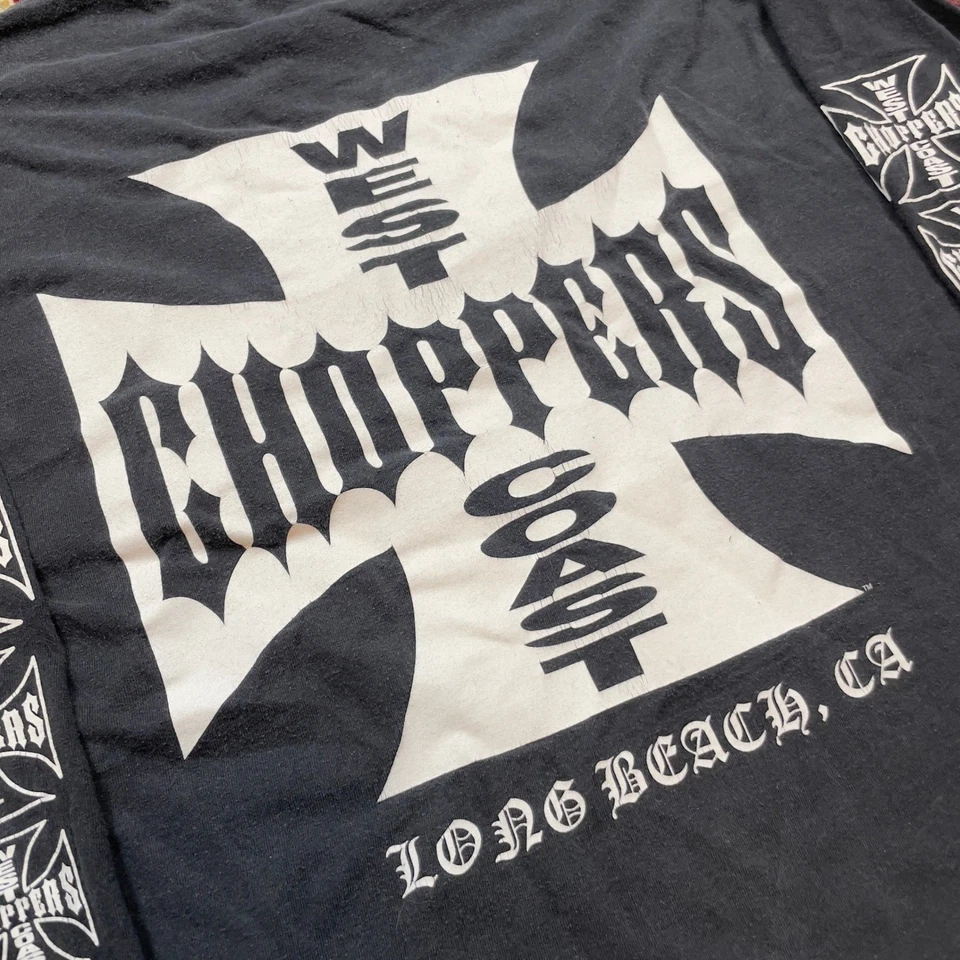 Camiseta De Colección Años 90 y2k West Coast Choppers Manga Larga Rayas XL Desteñida Negra Logo Foto 3 de 4