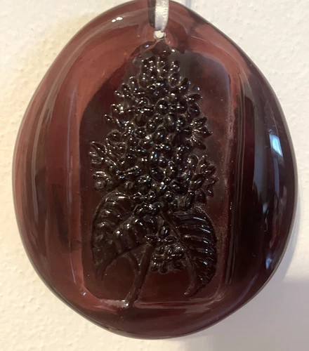 Vintage Blenko Purple Amethyst Glass Suncatcher Flowers Oval w/Ribbon 4.5"