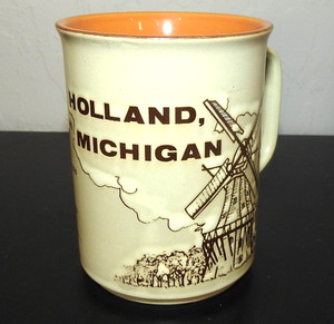 Holland Michigan Embossed Ceramic Logo Coffee Mug Tan w/Orange Inside
