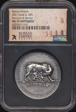 2021 Cook Islands $5 Roman Empire Series Romulus & Remus Coin NGC MS70 Antiqued
