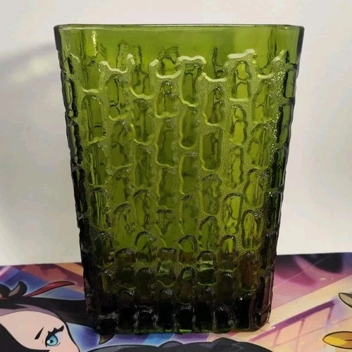 Vintage 1950s Anchor Hocking Art Deco Avocado Green Glass Waterfall Vase