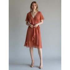ASOS Chiffon Wrap Dress Rose Terracotta Flutter Sleeve Midi Wedding Guest US 6