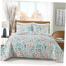 King Size Quilt-3 Pieces King 98"  106" Green blue Botanical Pattern