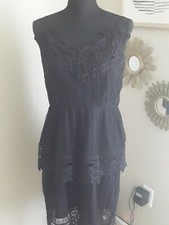 DEX L Black BOHO Lace Layered Straps Peasant Gypsy Hippie Midi Dress Women's