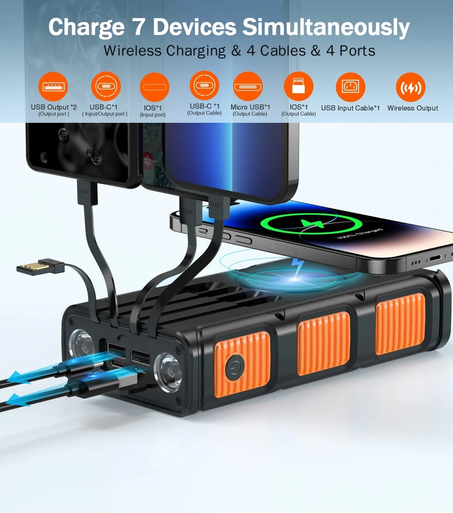 Power Bank Wireless Charger 45800mAh Built in Hand Crank and 4 Cables 15W Fas...