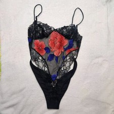 Vtg 80's teddy bodysuit sheer lace Madelon Louden Sz S issues