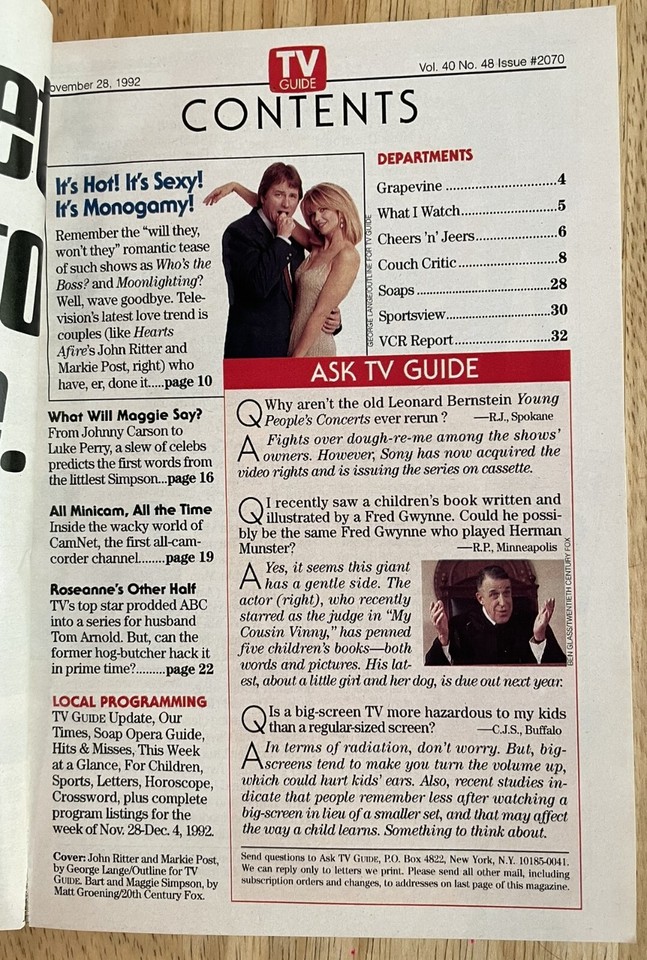 TV Guide: Nov. 26-Dec. 4, 1992 - John Ritter & Markie Post - Maggie ...