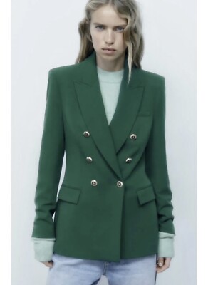 Zara Forest Green Tailored Double Breasted Blazer S UK10 # G180S