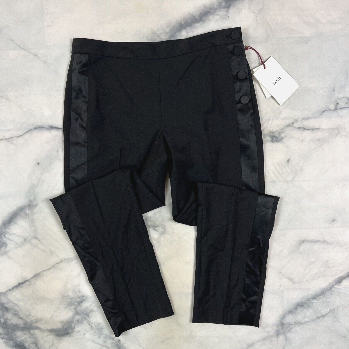 Lewit Wool Ankle Dress Pants Size 4 Black Satin Trim Tuxedo Lewit Wool Ankle Dress Pants Size 4 Black Satin Trim Tuxedo