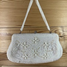Vtg 50s 60s Floral Beaded Purse Cream Handbag Evening Ivory Clutch Japan 9x5