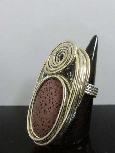 Huge Wire Wrapped Lava Oval Stone Hand Made Silver Tone Metal Ring 8US - 第 1/9 張圖片