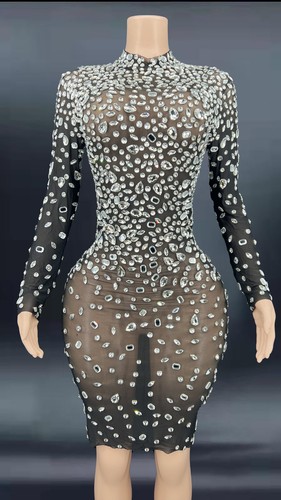 Multi-Color Rhinestones Transparent Long Dress (one size)