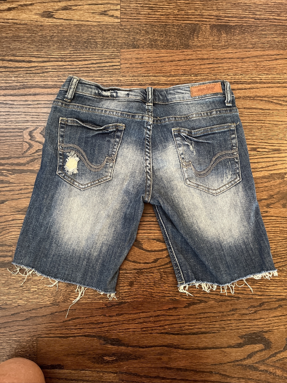 Machine Shorts Womens Size 5 Stretch Blue Denim Cutoff jean distressed fringed - View 4