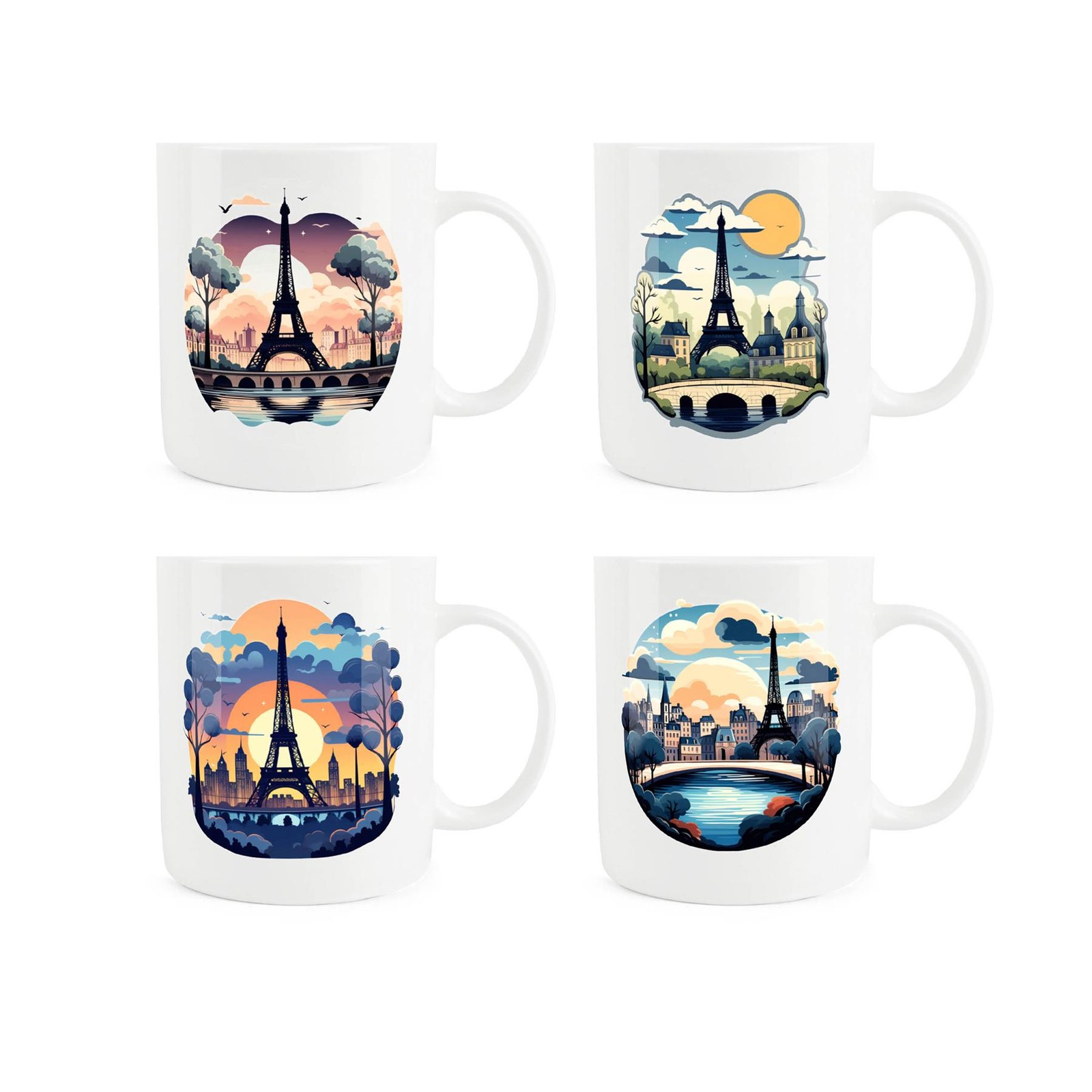 Bone China Paris Poster Style Mugs Set - 4 Pack Eiffel Tower Cups Drinkware Gift