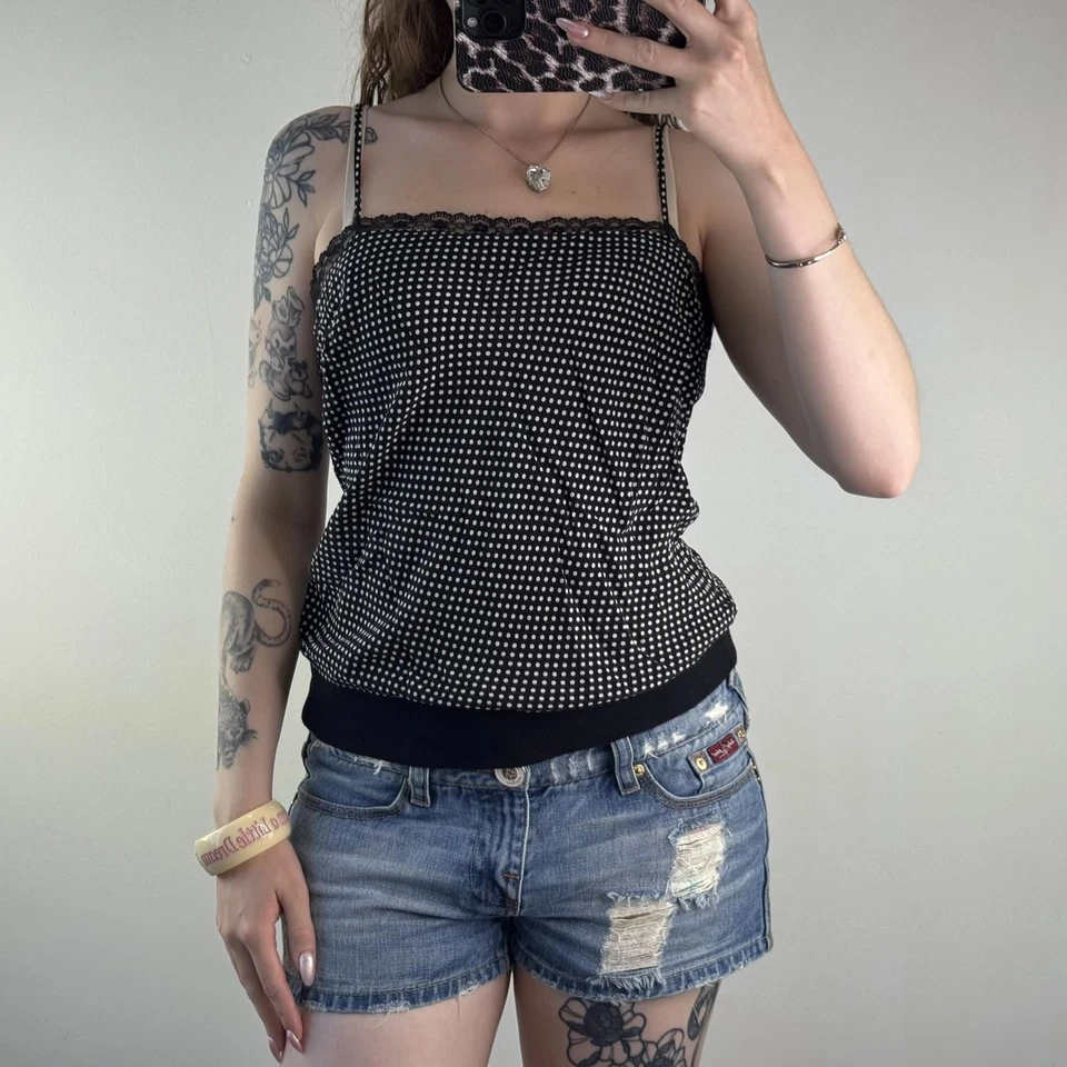Y2K vintage 100% silk polka dot elastic waistband cami top lace trim black white - Image 2 of 4