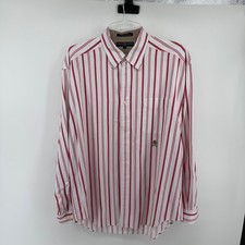 Tommy Hilfiger Mens Red White Striped Button Down Shirt Crest Logo Large Vintage