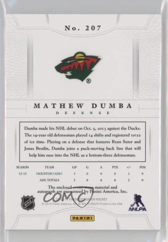 2013-14 Panini Dominion /99 Matt Dumba Mathew #207 RPA Rookie Patch Auto RC - Image 2 of 2