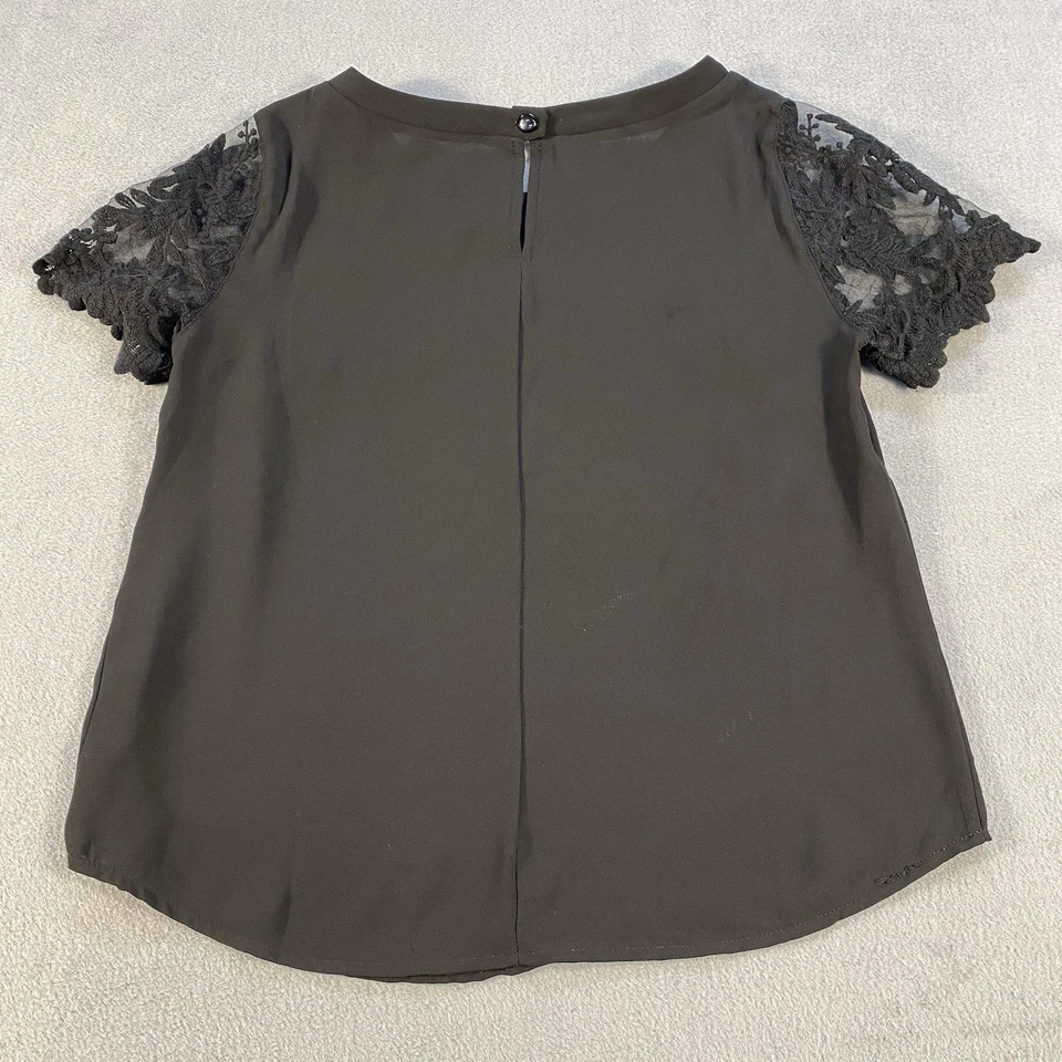 Top de manga corta transparente de encaje negro Lush para mujer, talla XS Foto 3 de 4