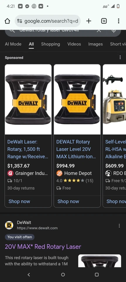 Láser giratorio rojo DeWalt 20v MAX 1500 pies con estuche Foto 2 de 4