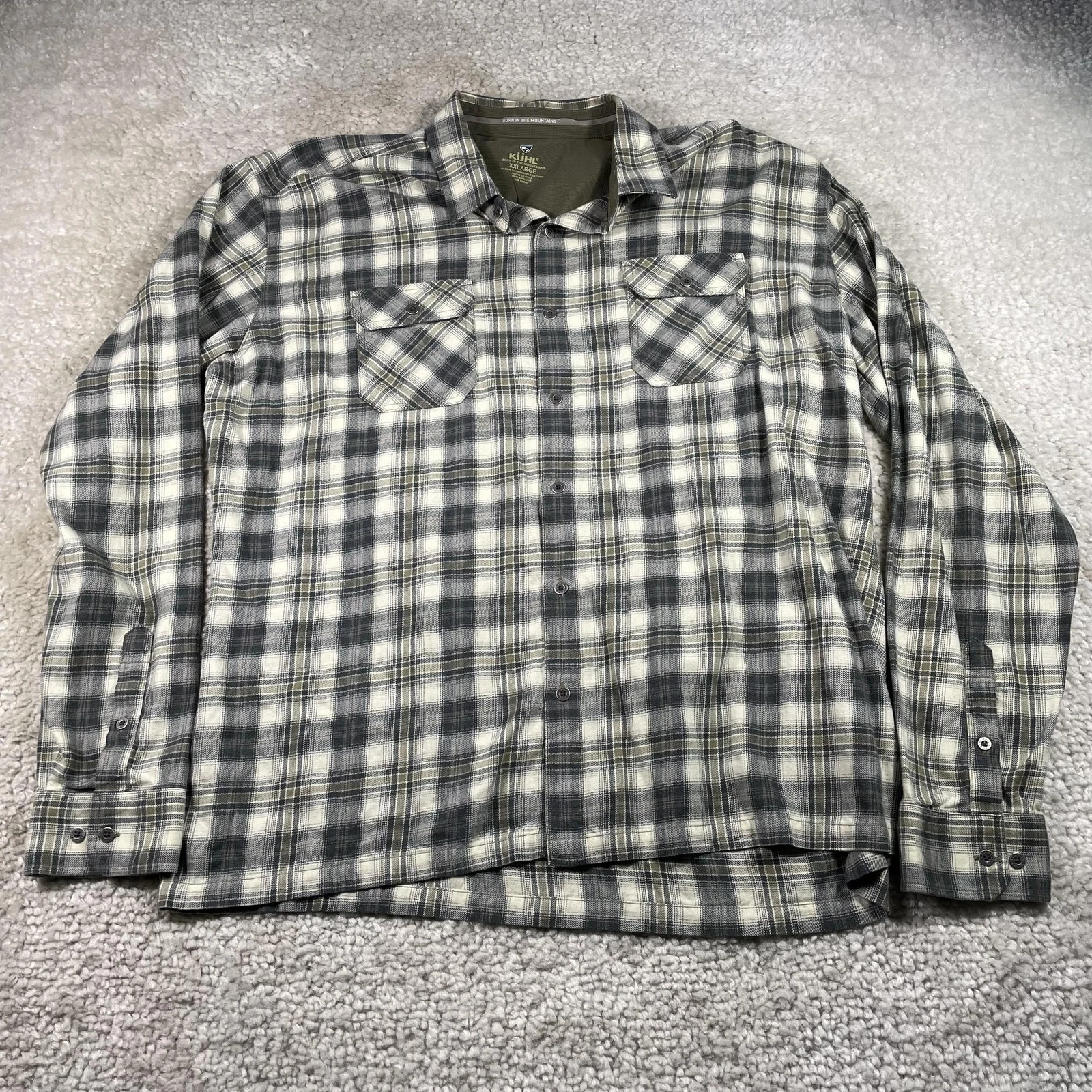 Kuhl Shirt Mens 2XL Gray Green Plaid Soft Flannel Button Down Outdoor Hiking