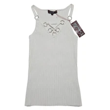 Camille La Vie Shirt Womens Small White Ribbed Tank Top Rhinestone Embellished